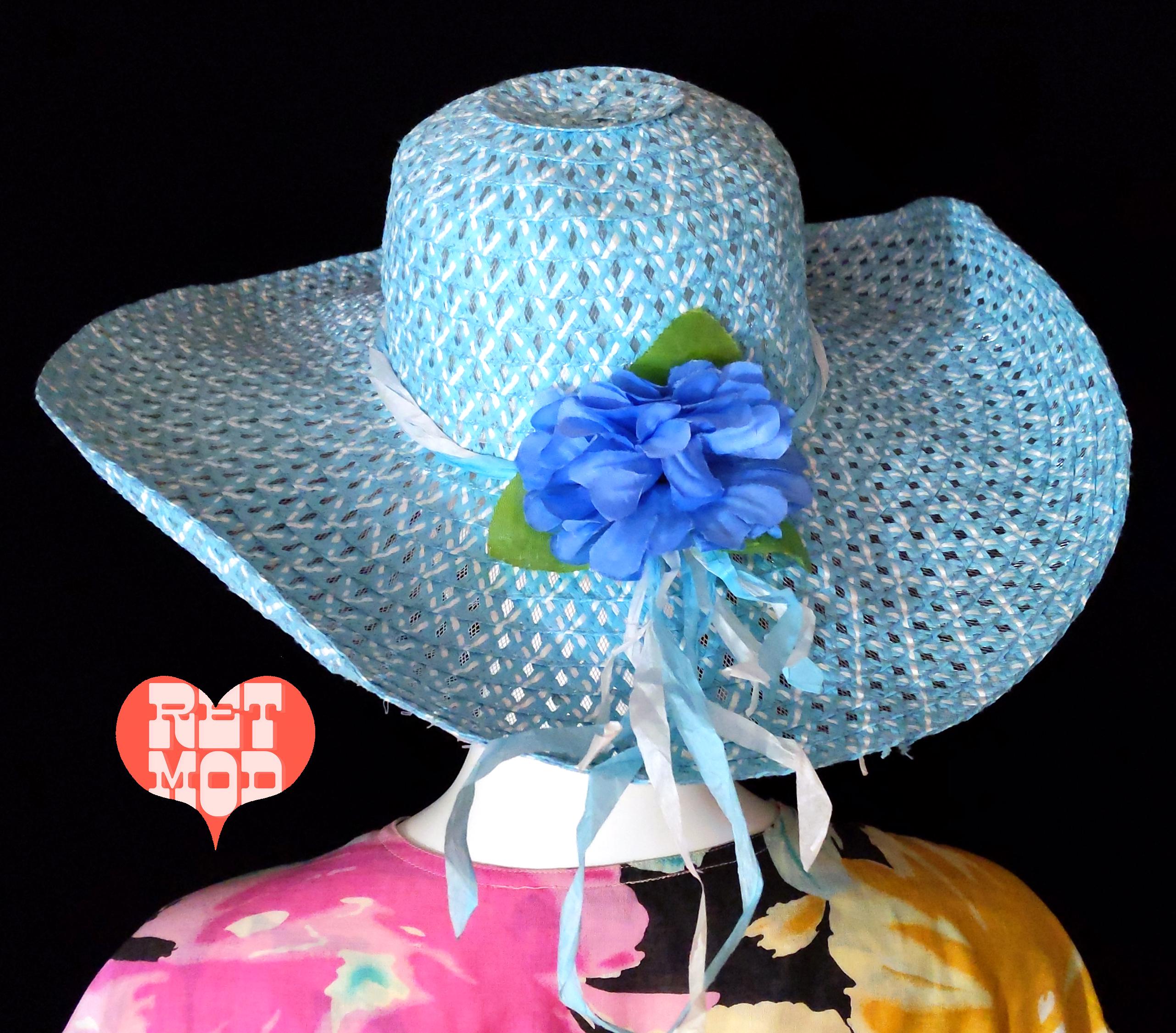 60年代、70年代風のヴィンテージ風ライトブルーのつば広麦わら