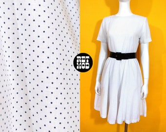 Comfy Cute Vintage White & Navy Blue Polka Dot Fit and Flare Dress with Pockets