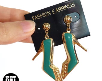 DEADSTOCK Sassy Vintage 80s Teal Gold High Heel Pumps Statement Earrings