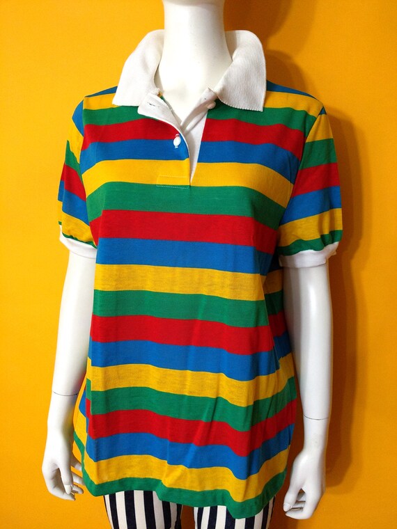 Bright Vintage 70s Colorful Stripe Polo Shirt by … - image 7
