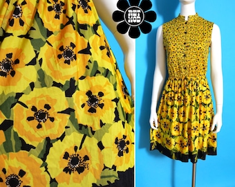 Beautiful Vintage 60s 70s Yellow & Black Poppies Floral Border Print Sleeveless Dress by Sacony