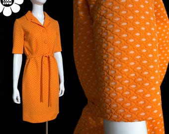 Mod Vintage 60s 70s Orange Double Knit Polka Dot Textured Poly Shirt Dress