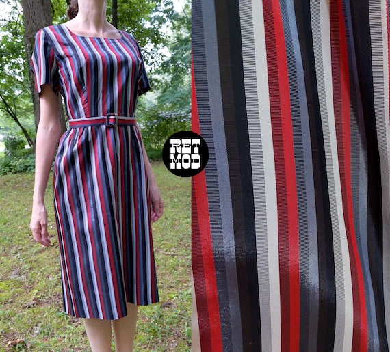Classy Vintage 50s 60s Black Gray Red Stripe Taff… - image 1