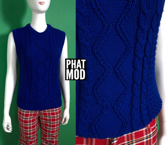 Vintage 80s Blue Grey Striped Knitted Cropped Vest 8 10