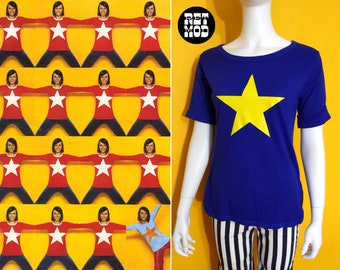 DEADSTOCK Fabulous Vintage 70s Blue Yellow Star Short Sleeve T-Shirt