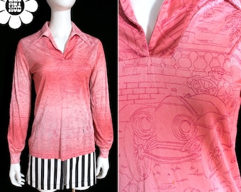Lovely Vintage 70s Pink Great Gatsby Style Novelty Print Long Sleeve Collared Slinky Blouse