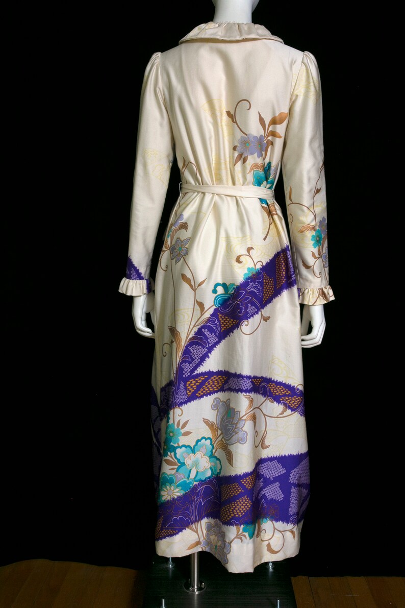Lovely Tori Richard Vintage 60s 70s Cream-Colored, Purple, Blue Floral Maxi Dress image 9