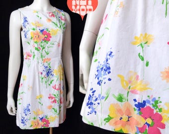 Lindo minivestido vintage de algodón blanco con estampado floral de los años 90 y 2000