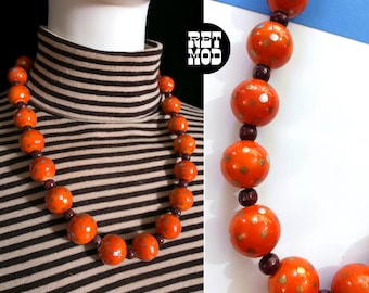 Unique Vintage 70s 80s Orange with Gold Polka Dots Hand-Painted Wood Beaded Necklace - As Is