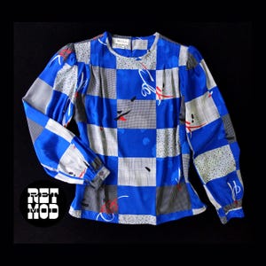 Geometric Vintage 80s 90s Blue Abstract Art Checkerboard Long Sleeve Statement Blouse
