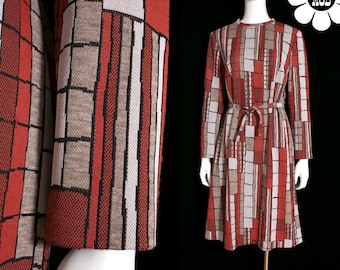 Stunning Vintage 60s 70s Brick-Colored Geometric Masterpiece Dress
