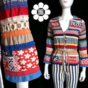 Stunning & Unique Vintage 70s Colorful Seersucker Patchwork Top