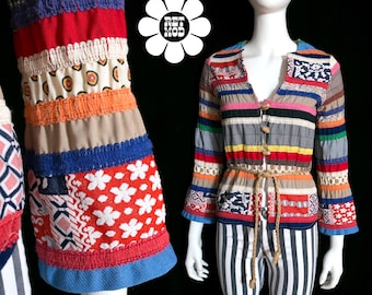 Blusa vintage deslumbrante e única dos anos 70 em patchwork colorido de seersucker.