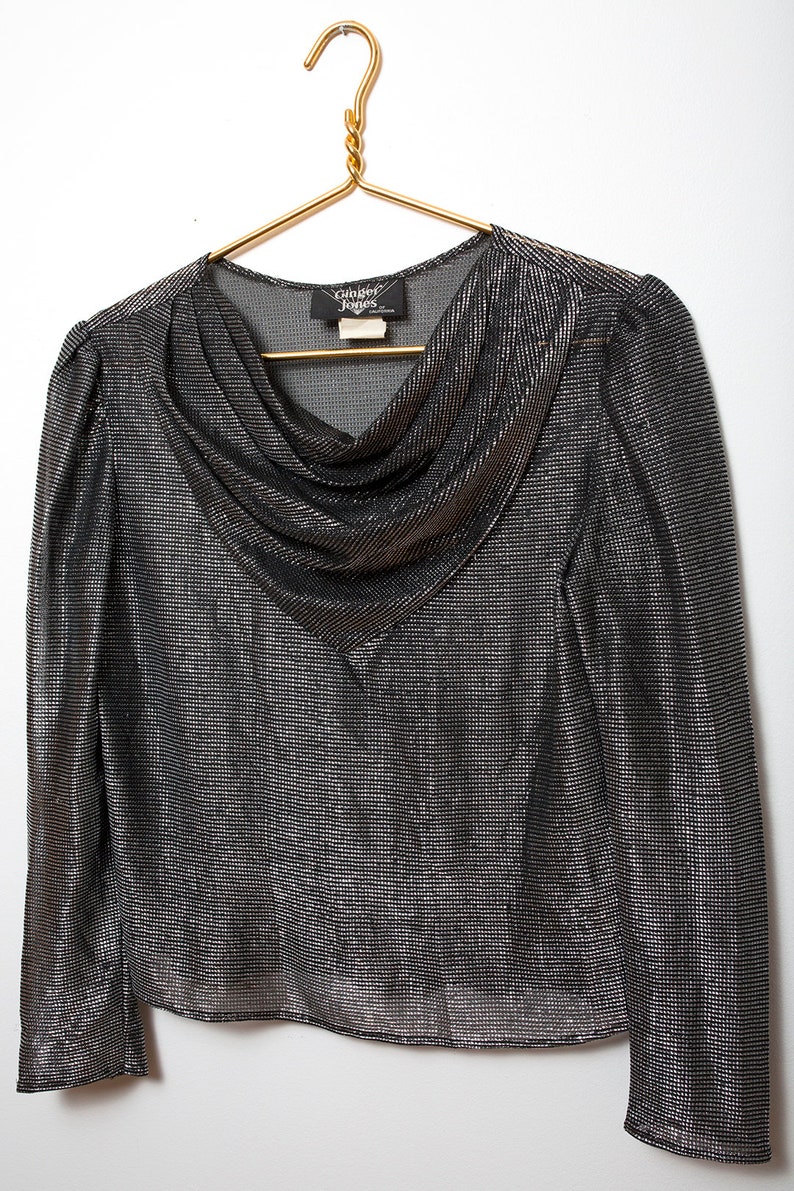 Vintage 70s Disco Black /& Silver Metallic Cowl Neck Semi-Sheer Party Blouse