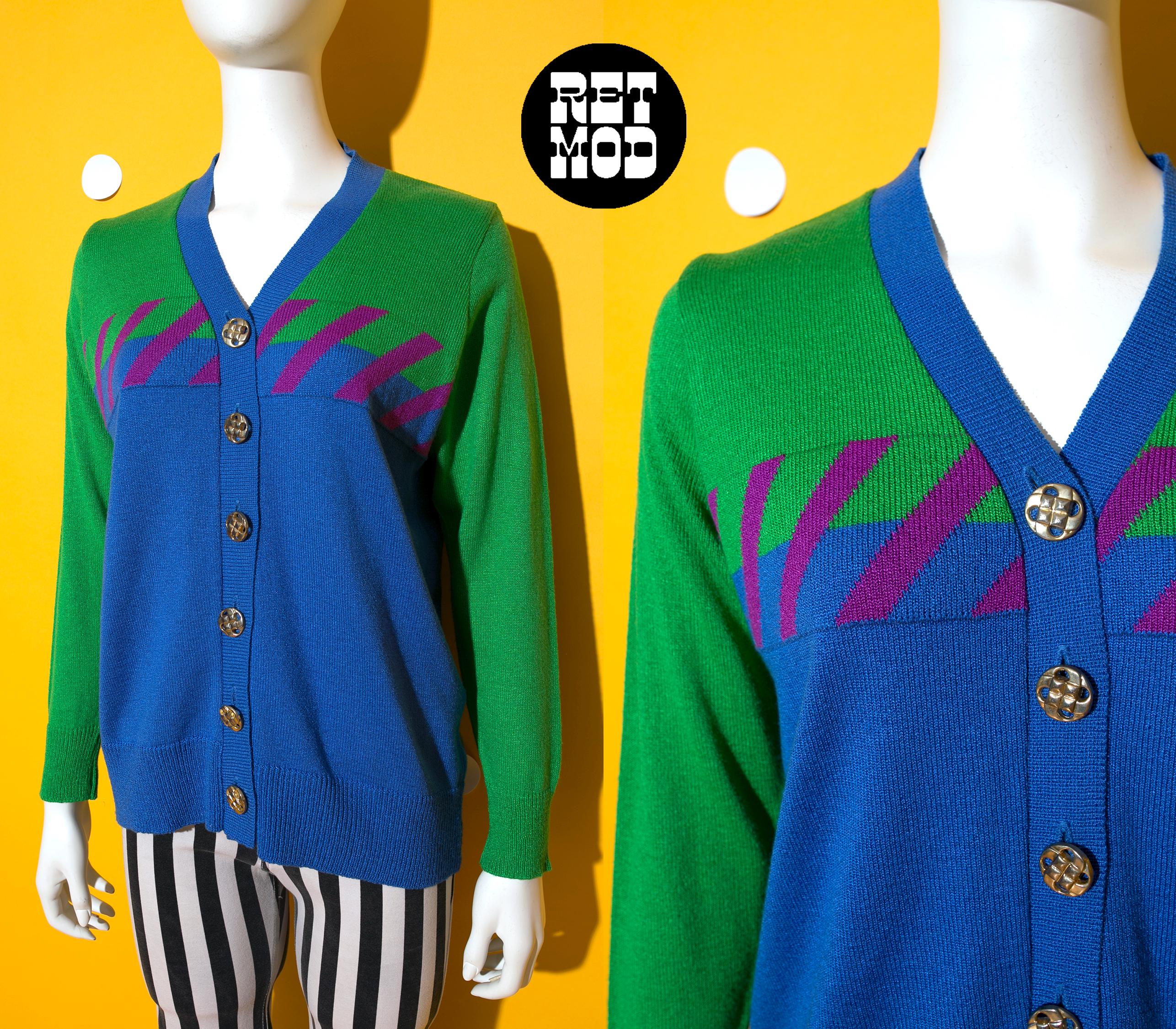 Nice Vintage 90s Blue Green Purple Geometric Color Block Cardigan