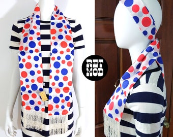 DEADSTOCK Cachecol longo vintage 60s 70s vermelho branco azul bolinhas com franja