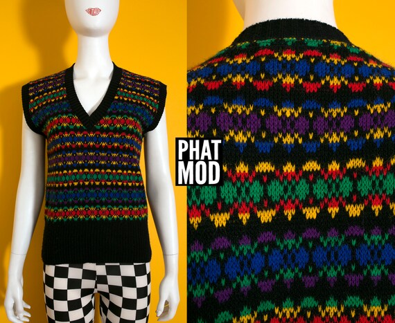 Colorful Vintage 70s 90s Black & Rainbow Colors Stripe Nordic Pattern Knit Sweater Vest Colorful Vintage 70s 90s Black & Rainbow Colors Stripe Nordic Pattern Knit Sweater Vest