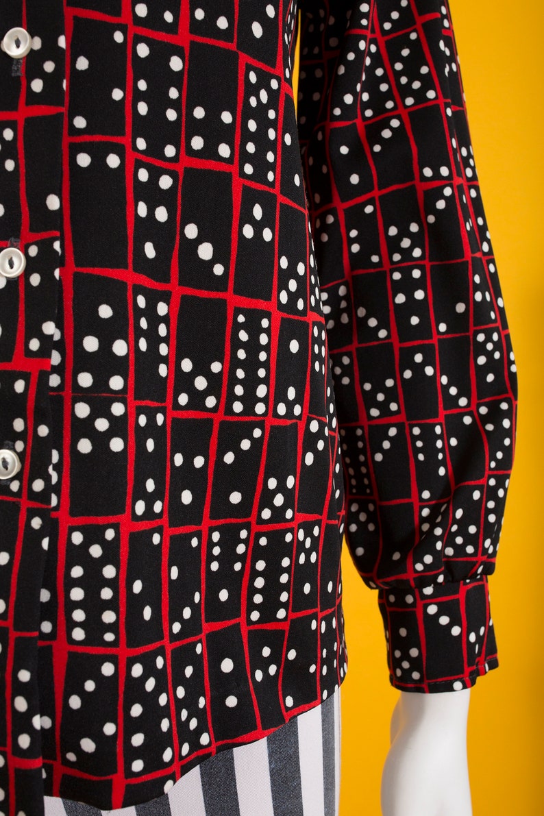Domino Novelty Print Incredible Pop Art Vintage 60s 70s Black Red White Button Down Fitted Shirt Top