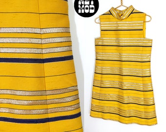 Lovely Vintage 60s Golden Stripe Mod Cocktail Dress by Morton Myles for Jeunesse