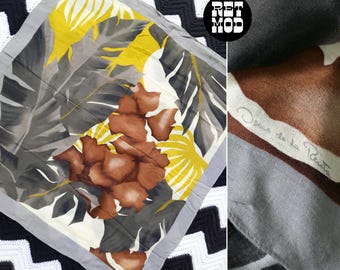 Large Oscar de la Renta Vintage 70s 80s Gray Brown Tropical Square Scarf