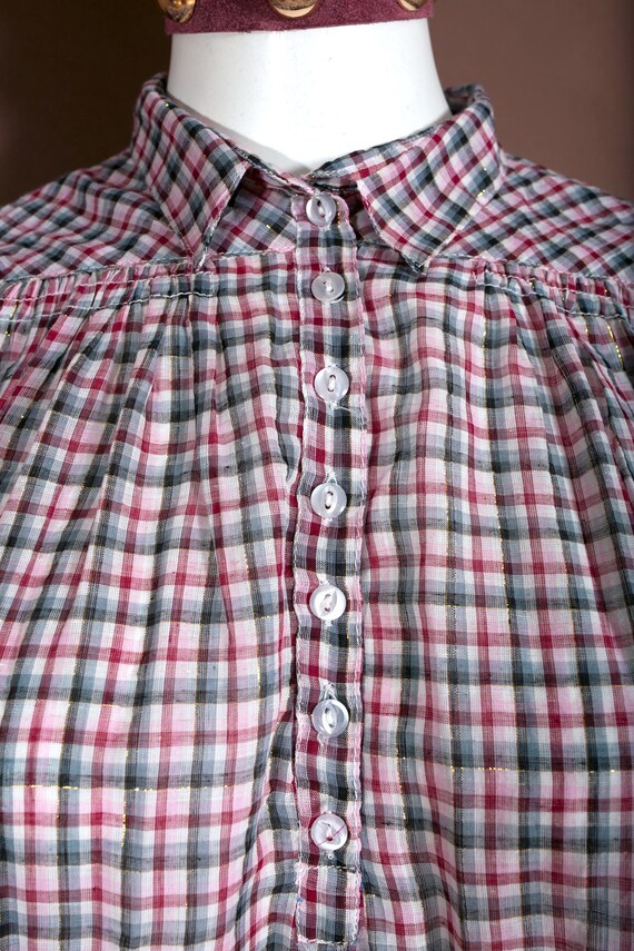 Billowy Boho Vintage 70s 80s Maroon & Gray Plaid … - image 3