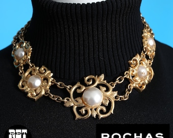 Chunky Vintage 80s 90s Rochas Maison Paris Pearl Baroque Style Gold Statement Necklace