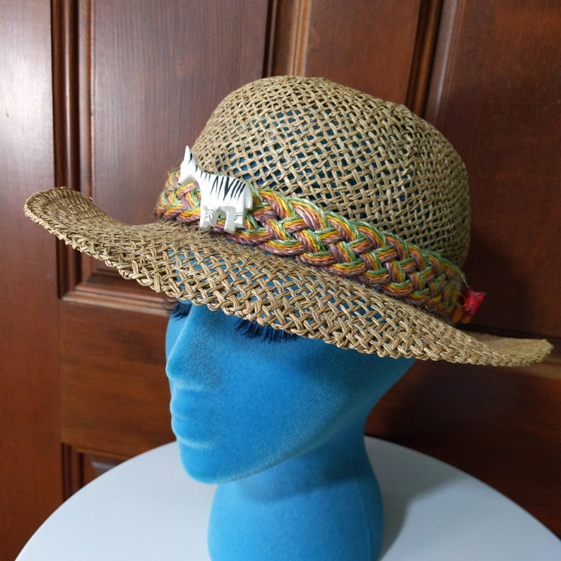 Vintage 80s Wood Animal Safari Straw Hat image 2