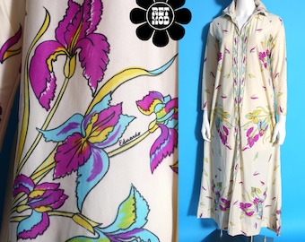 Iconic Vintage 60s 70s Purple Iris Floral Border Print Travel Dress by Eduardo