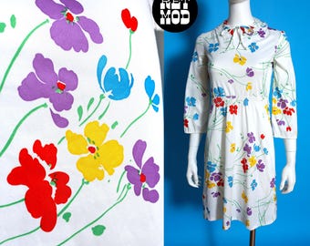 Lovely Vintage 70s White Elastic Waist Dress with Colorful Flowers Print and Ruffle Collar