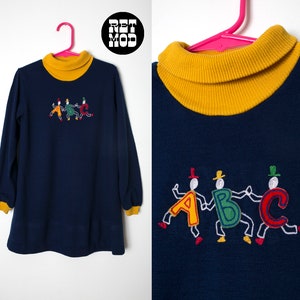 CHILD SIZE - Vintage 60s 70s Navy Blue ABC Alphabet Clowns Mod Shift Dress with Primary Colors