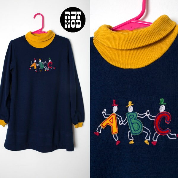 CHILD SIZE - Vintage 60s 70s Navy Blue ABC Alphabet Clowns Mod Shift Dress with Primary Colors