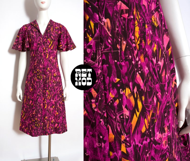 Fantastic Psychedelic Vintage 60s 70s Magenta Purple Pink Abstract Patterned Dress with Flutter Sleeves image 1
