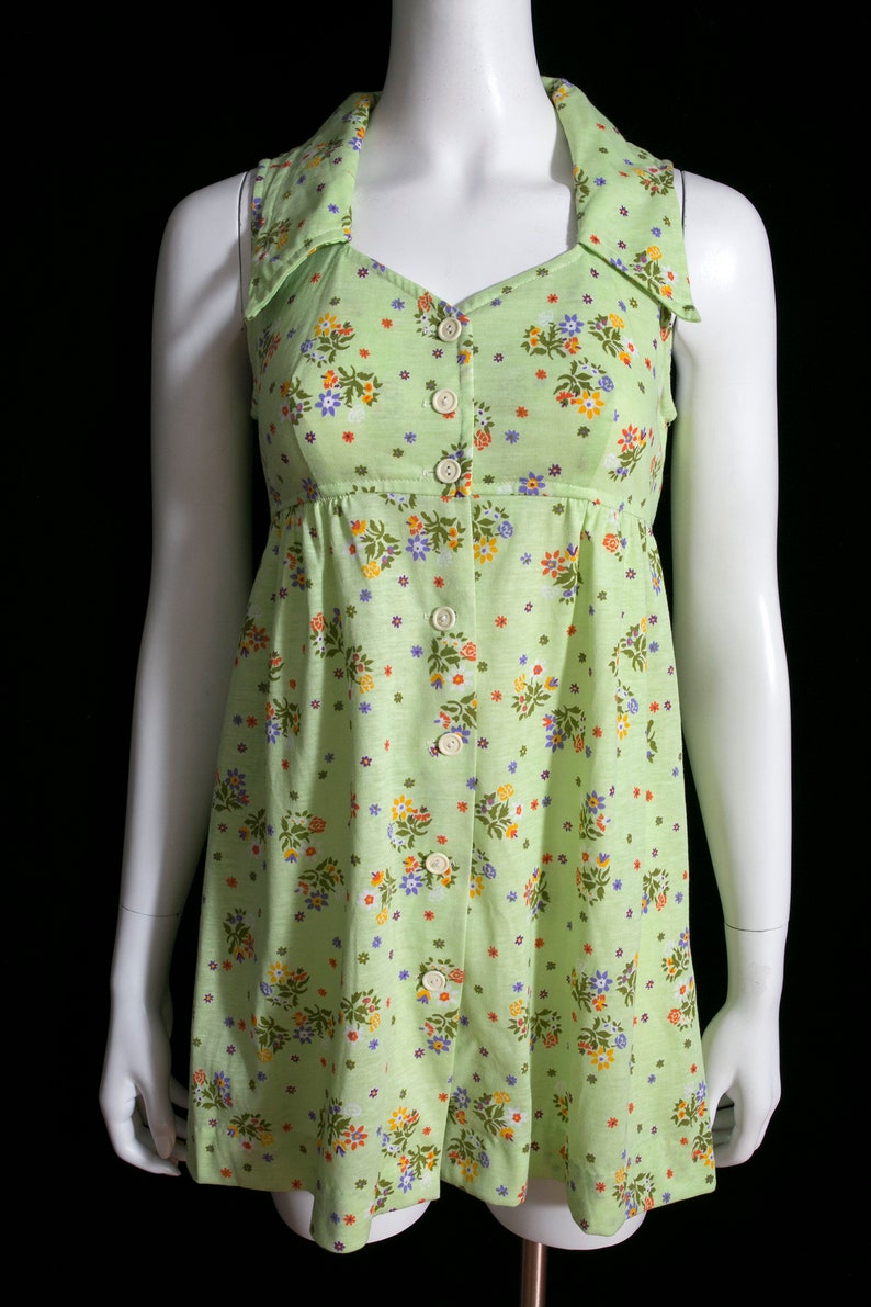 Fantastic Vintage 60s 70s Pastel Green Floral Mini Dress with Large Collar by Byer California image 2