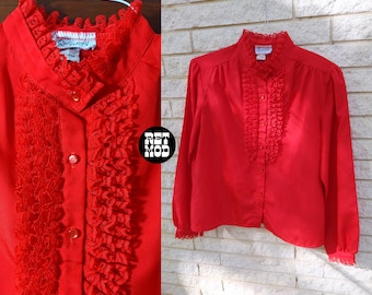 Vampy Vintage 70s 80s Red Ruffle Lace Long Sleeve Blouse