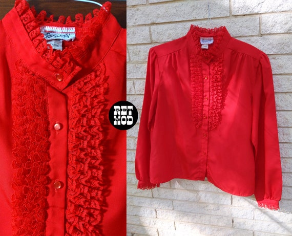Vampy Vintage 70s 80s Red Ruffle Lace Long Sleeve… - image 1