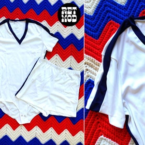 DEADSTOCK Vintage 70s 80s White with Navy Trim Two-Piece V-Neck Leotard & Shorts SET image 1