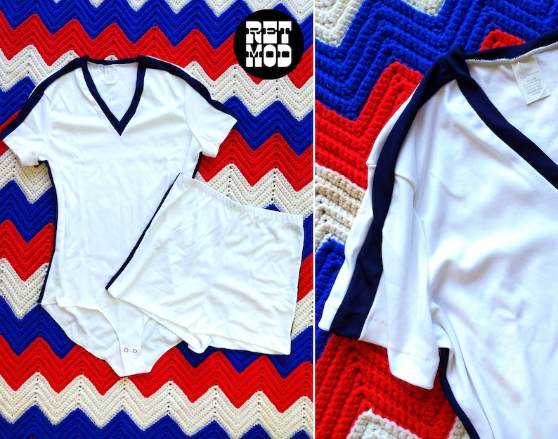 DEADSTOCK Vintage 70s 80s White with Navy Trim Two-Piece V-Neck Leotard & Shorts SET image 1