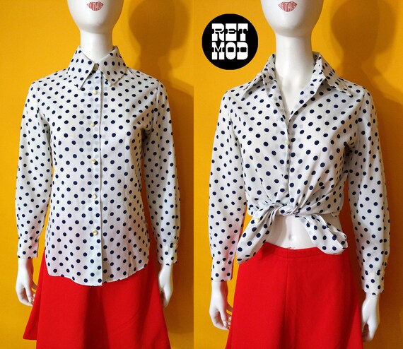 Cute Vintage 60s 70s White & Navy Blue Polka Dot … - image 1