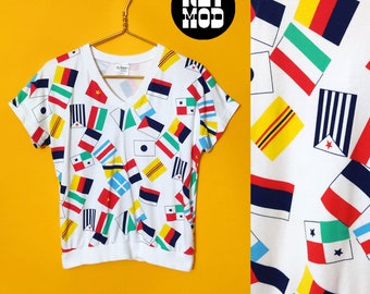 Cute Vintage 80s 90s Flags Novelty Print T-Shirt Top by Aileen