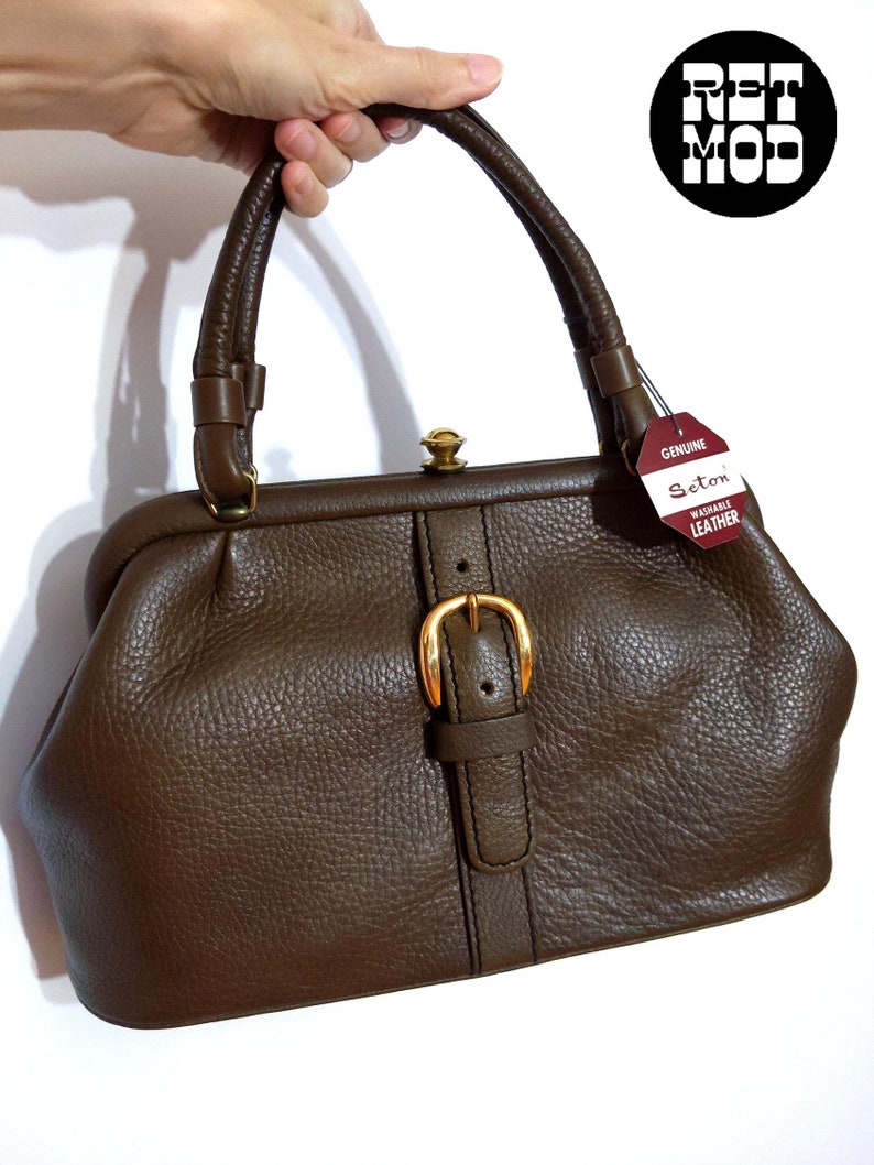 Fabulous Deadstock Vintage 60s Dark Brown Leather Top Handle Purse by