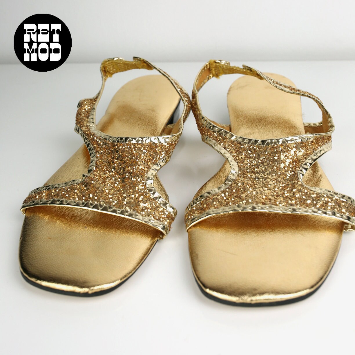 Gorgeous Vintage 60s 70s Gold Glitter Strappy Flat Sandals Mod | Etsy