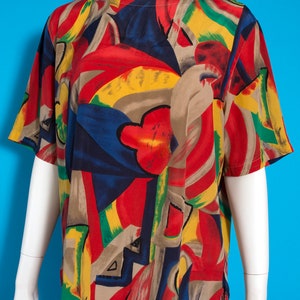 Cool Unique Vintage 80s 90s Red Beige Blue Abstract Pattern Short Sleeve Blouse image 5