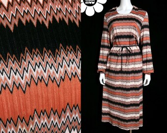 TALL LADIES - Vintage 70s Brown & Orange Zig Zag Psychedelic Patterned Mod Statement Dress