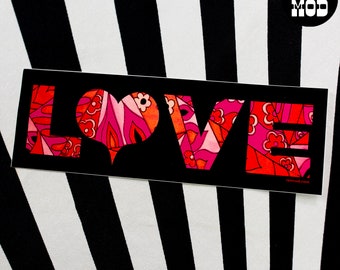 Exclusive RetMod Psychedelic "LOVE" Mini Bumper Sticker with Psychedelic Pink & Orange Pattern with Heart - GROOVY!