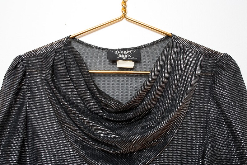 Vintage 70s Disco Black /& Silver Metallic Cowl Neck Semi-Sheer Party Blouse