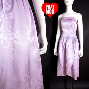 Lovely Vintage 90s Light Purple Shiny Floral Strapless Party Dress image 1