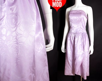 Lovely Vintage 90s Light Purple Shiny Floral Strapless Party Dress