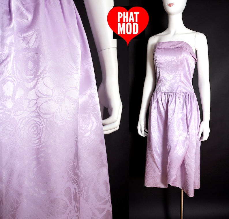 Lovely Vintage 90s Light Purple Shiny Floral Strapless Party Dress image 1