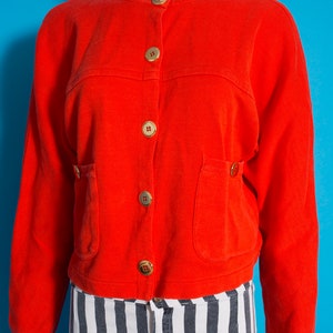Bright Vintage 80s 90s Orange Cropped Sweatshirt Cardigan Top with Shiny Gold Buttons by Adrienne Vittadini image 2