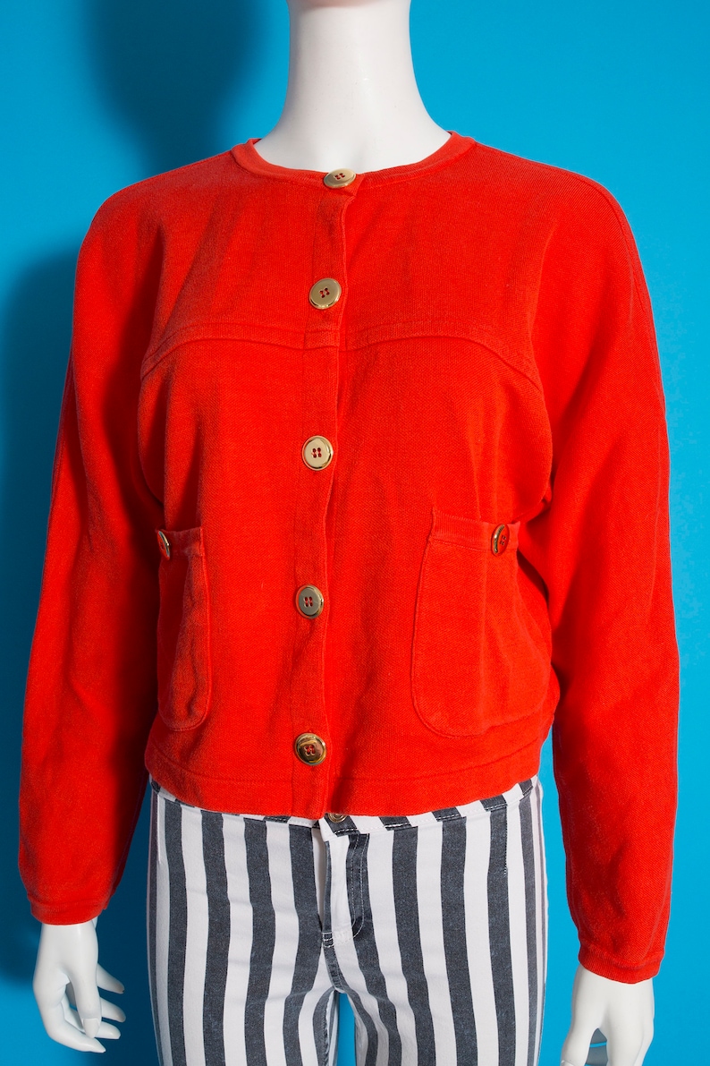 Bright Vintage 80s 90s Orange Cropped Sweatshirt Cardigan Top with Shiny Gold Buttons by Adrienne Vittadini image 2